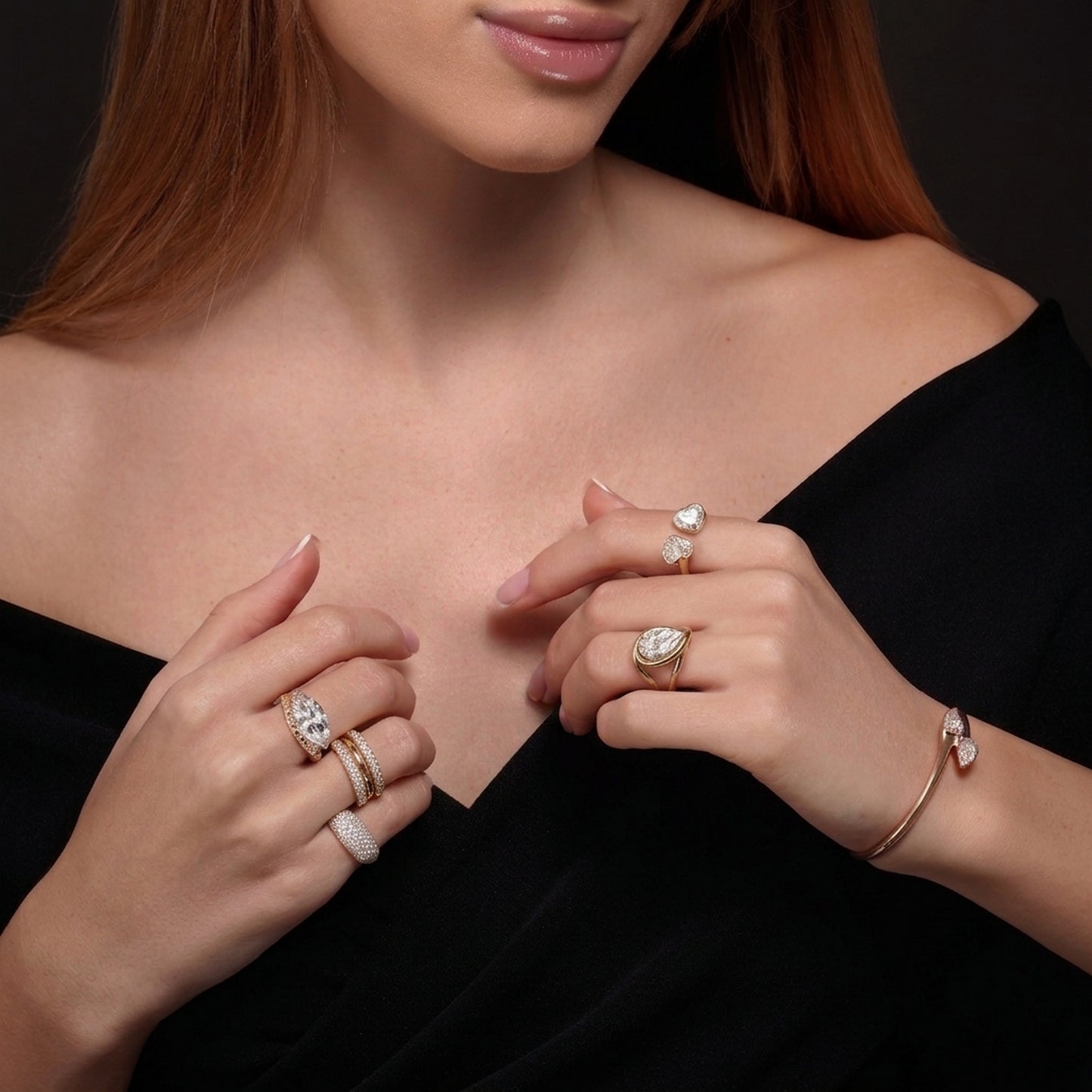 Double Heart Bezel Cuff Ring